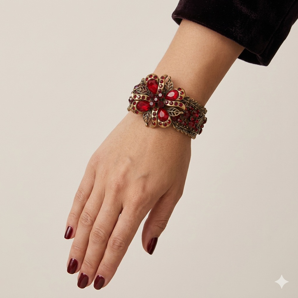 ✔️Victorian-style Red Crystal Floral Bronze Tone Flex Cuff - Picture 2 of 8